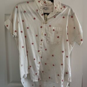 Madewell White Short Sleeve Button-Down Shirt with Embroidered Red Floral Dots